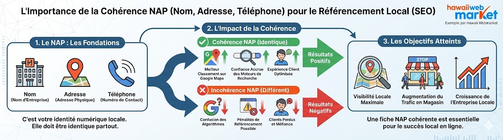 Infographie montrant l'importance de la cohérence NAP (Nom Adresse Téléphone) pour le référencement local