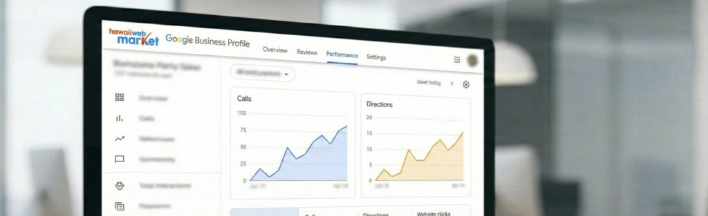 Interface du tableau de bord des performances de la Fiche d'établissement Google analysant les interactions clients