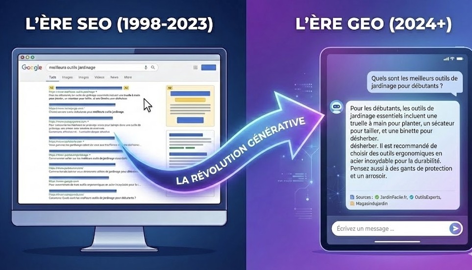 Comparaison visuelle scindée en deux : à gauche l'interface Google classique (SEO) avec liens bleus, à droite une interface conversationnelle mobile (GEO) affichant une réponse synthétisée par l'IA
