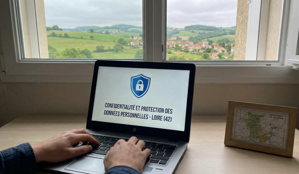 Personne tapant sur un ordinateur portable affichant un bouclier de sécurité, illustrant la thématique de la confidentialité et de la protection des données personnelles pour les entreprises de la Loire (42), avec un paysage de la région en arrière-plan.
