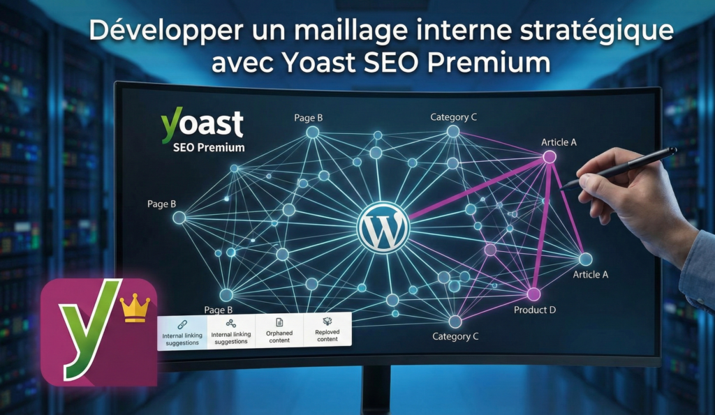 Écran d'ordinateur interactif affichant la cartographie d'un maillage interne stratégique sur WordPress, optimisé grâce à l'outil Yoast SEO Premium.