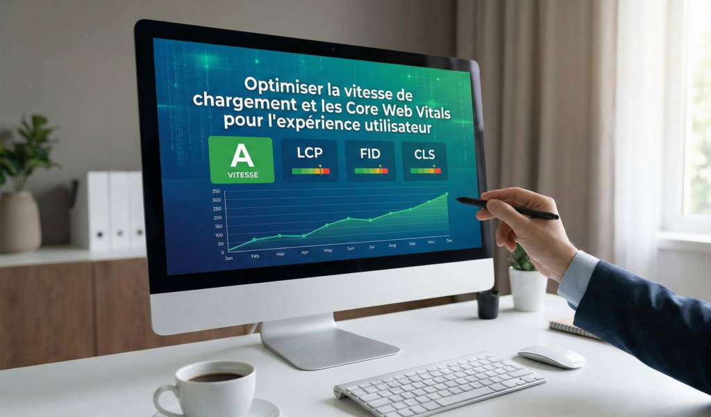 Tableau de bord sur écran d'ordinateur montrant l'optimisation de la vitesse de chargement et les métriques Core Web Vitals (LCP, FID, CLS) pour améliorer l'expérience utilisateur.