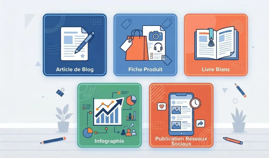 Types de contenus web : article de blog, fiche produit, livre blanc, infographie