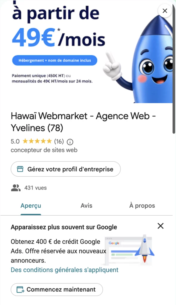 Fiche Google Business Profile de Hawaï Webmarket, agence web dans les Yvelines